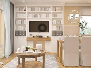 MINI AMERYKA - Średni beżowy biały salon z kuchnią z jadalnią z bibiloteczką, styl tradycyjny - zdjęcie od FAMM DESIGN