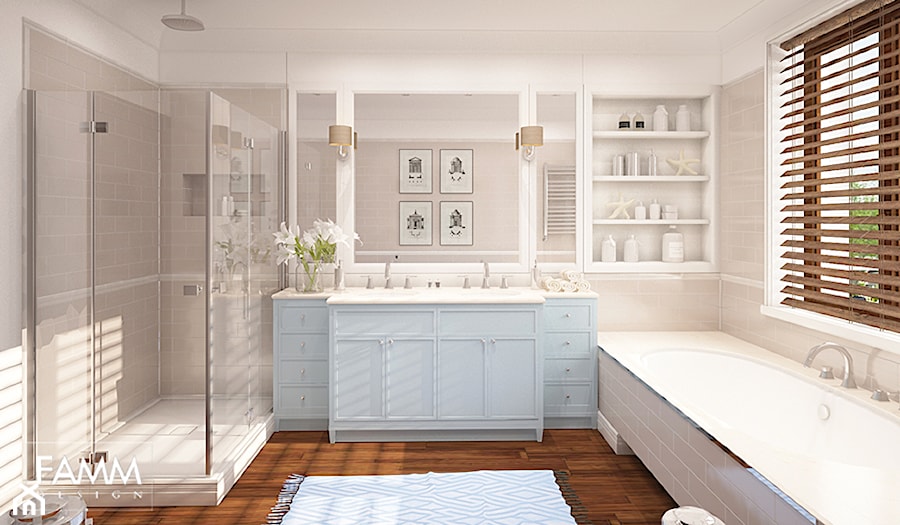 ŁOWICZ PO AMERYKAŃSKU - Duża jako pokój kąpielowy z dwoma umywalkami łazienka z oknem, styl tradycyjny - zdjęcie od FAMM DESIGN