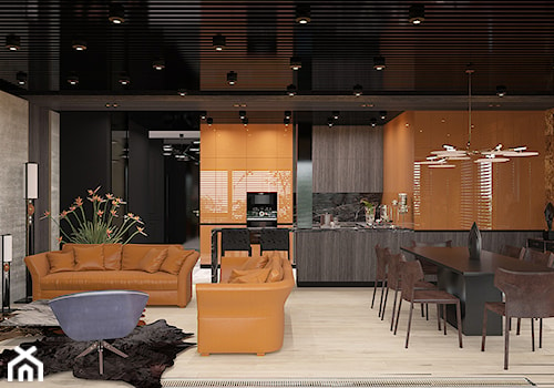 ELEGANCKI TORUŃ - Duży brązowy pomarańczowy salon z kuchnią z jadalnią, styl nowoczesny - zdjęcie od FAMM DESIGN