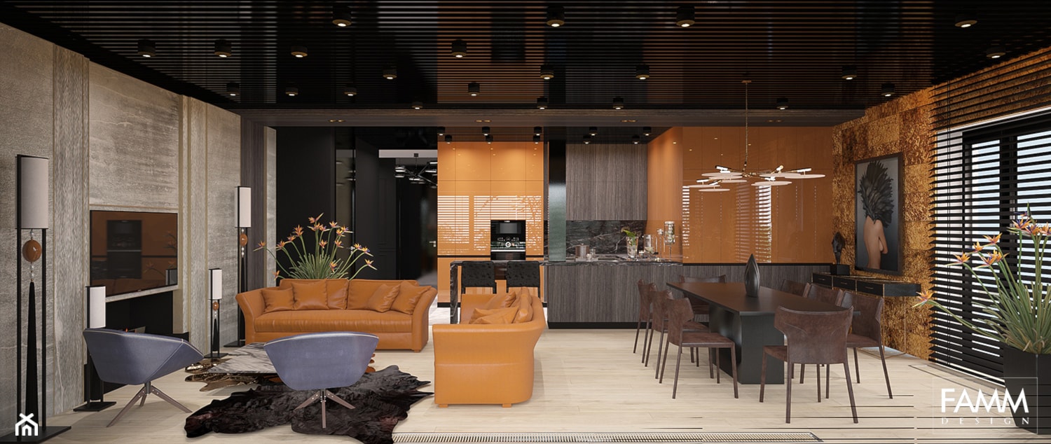 ELEGANCKI TORUŃ - Duży brązowy pomarańczowy salon z kuchnią z jadalnią, styl nowoczesny - zdjęcie od FAMM DESIGN - Homebook