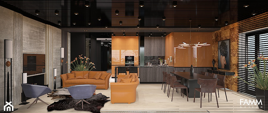 ELEGANCKI TORUŃ - Duży brązowy pomarańczowy salon z kuchnią z jadalnią, styl nowoczesny - zdjęcie od FAMM DESIGN