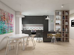 Projekt 3d mieszkania na warszawskiej Pradze - Średnia otwarta biała z zabudowaną lodówką kuchnia w kształcie litery u z wyspą lub półwyspem, styl skandynawski - zdjęcie od Dizajnia art - studio projektowe