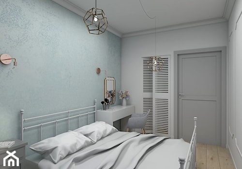 Zmysłowa elegancja apartament Mokotów - Mała biała turkusowa sypialnia, styl nowoczesny - zdjęcie od Dizajnia art - studio projektowe