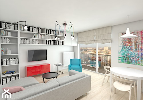 Projekt 3d mieszkania na warszawskiej Pradze - Mały biały salon z jadalnią z tarasem / balkonem z bibiloteczką, styl skandynawski - zdjęcie od Dizajnia art - studio projektowe