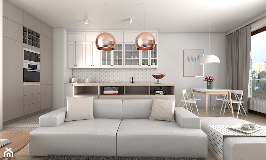 Zmysłowa elegancja apartament Mokotów - Mała biała jadalnia w salonie w kuchni, styl skandynawski - zdjęcie od Dizajnia art - studio projektowe