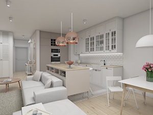 Zmysłowa elegancja apartament Mokotów - Średnia otwarta biała z zabudowaną lodówką z nablatowym zlewozmywakiem kuchnia w kształcie litery l z wyspą lub półwyspem, styl skandynawski - zdjęcie od Dizajnia art - studio projektowe