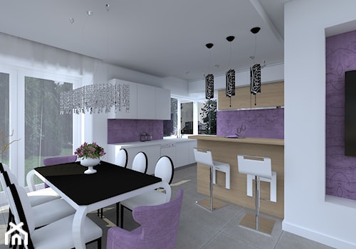 Średnia otwarta z salonem fioletowa z zabudowaną lodówką kuchnia jednorzędowa, styl nowoczesny - zdjęcie od Rogalska Design