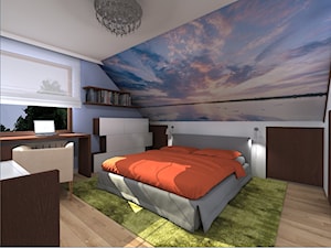 Duża biała niebieska z biurkiem sypialnia na poddaszu, styl nowoczesny - zdjęcie od Rogalska Design