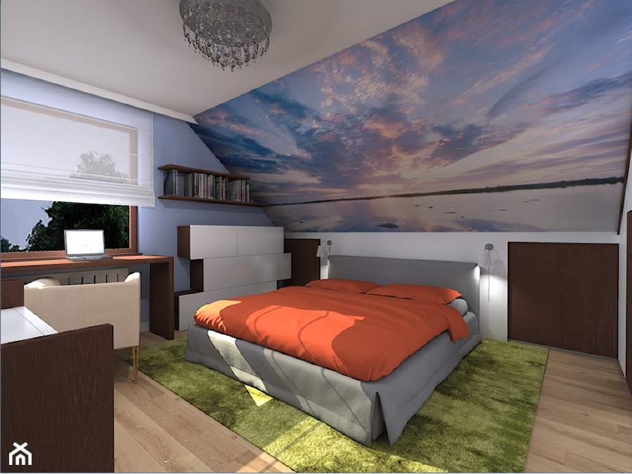 Duża biała niebieska z biurkiem sypialnia na poddaszu, styl nowoczesny - zdjęcie od Rogalska Design