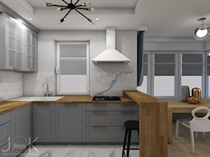 Eklektyczny dom - Średnia z salonem biała z zabudowaną lodówką z podblatowym zlewozmywakiem kuchnia w kształcie litery l z oknem, styl tradycyjny - zdjęcie od JoKDesign