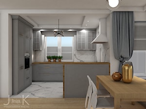 Eklektyczny dom - Średnia otwarta szara z zabudowaną lodówką kuchnia w kształcie litery g z oknem z marmurem nad blatem kuchennym z marmurową podłogą, styl tradycyjny - zdjęcie od JoKDesign