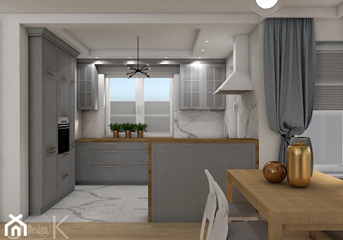 Eklektyczny dom - Średnia otwarta szara z zabudowaną lodówką kuchnia w kształcie litery g z oknem z marmurem nad blatem kuchennym z marmurową podłogą, styl tradycyjny - zdjęcie od JoKDesign