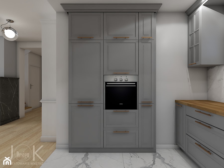 Eklektyczny dom - Średnia otwarta z salonem szara z zabudowaną lodówką kuchnia w kształcie litery l z marmurem nad blatem kuchennym z marmurową podłogą, styl tradycyjny - zdjęcie od JoKDesign