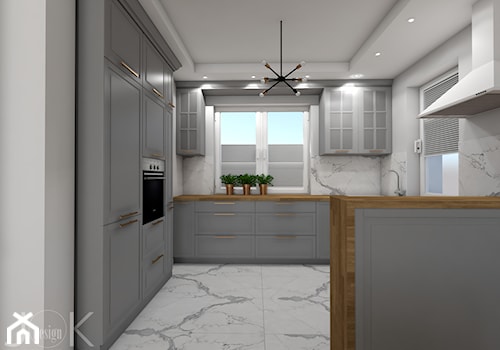 Eklektyczny dom - Duża otwarta szara z zabudowaną lodówką kuchnia w kształcie litery g z oknem z marmurem nad blatem kuchennym z marmurową podłogą, styl tradycyjny - zdjęcie od JoKDesign