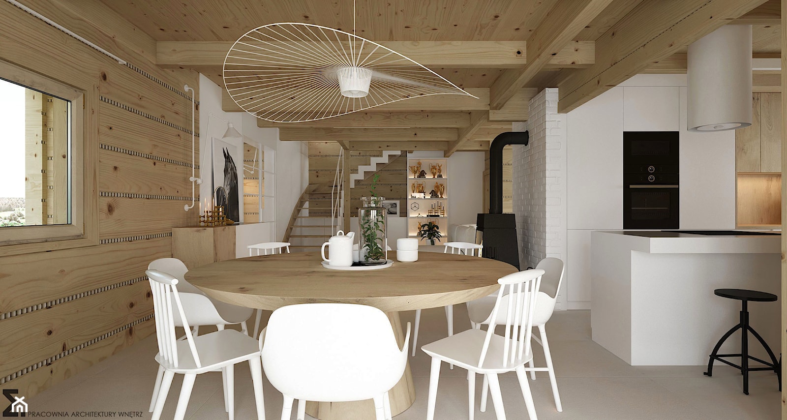 Dom drewniany - Średnia biała jadalnia w kuchni, styl skandynawski - zdjęcie od ELEMENTY - Homebook