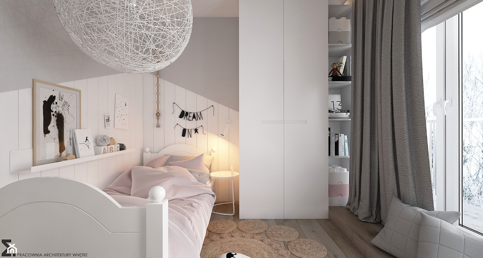 Mieszkanie 2-poziomowe Praska Park - Średni biały szary pokój dziecka dla nastolatka dla dziewczynki, styl skandynawski - zdjęcie od ELEMENTY - Homebook