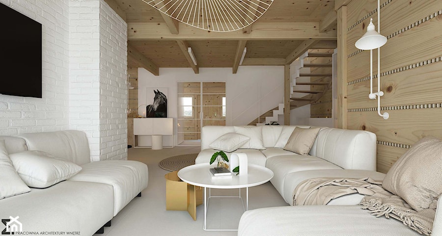 Dom drewniany - Duży biały salon, styl skandynawski - zdjęcie od ELEMENTY