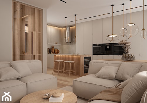 W klimacie boho - Biały brązowy salon z kuchnią, styl minimalistyczny - zdjęcie od ELEMENTY
