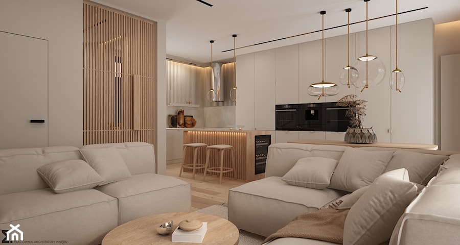 W klimacie boho - Biały brązowy salon z kuchnią, styl minimalistyczny - zdjęcie od ELEMENTY