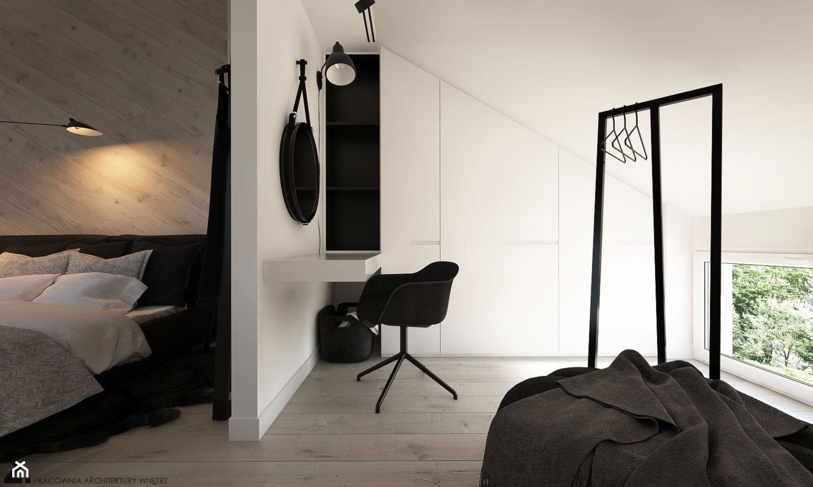 Poddasze - Mała garderoba przy sypialni na poddaszu z oknem, styl minimalistyczny - zdjęcie od ELEMENTY - Homebook