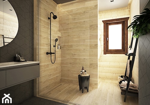Drewno + szarość - Średnia z punktowym oświetleniem łazienka z oknem, styl skandynawski - zdjęcie od ELEMENTY