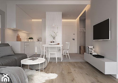 Apartament Praska Park - Średni szary salon z kuchnią z jadalnią, styl skandynawski - zdjęcie od ELEMENTY
