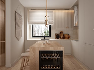 W klimacie boho - Średnia otwarta biała z zabudowaną lodówką z nablatowym zlewozmywakiem kuchnia w kształcie litery l z wyspą lub półwyspem z oknem, styl minimalistyczny - zdjęcie od ELEMENTY