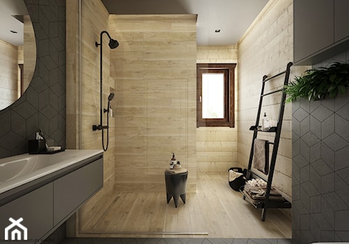 Drewno + szarość - Duża łazienka z oknem, styl skandynawski - zdjęcie od ELEMENTY
