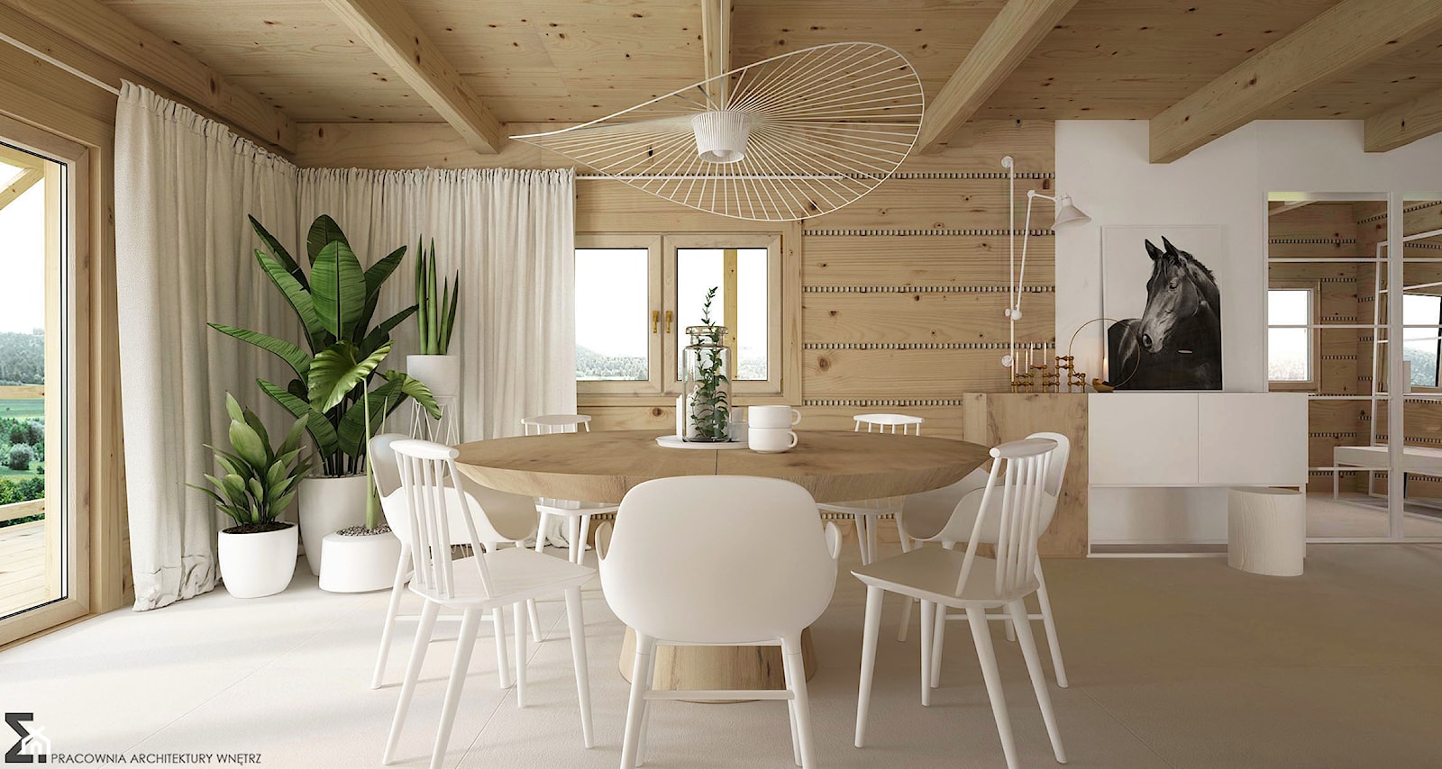Dom drewniany - Duża biała jadalnia jako osobne pomieszczenie, styl skandynawski - zdjęcie od ELEMENTY - Homebook