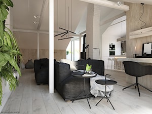 Poddasze - Duży biały salon z kuchnią z jadalnią z tarasem / balkonem, styl minimalistyczny - zdjęcie od ELEMENTY
