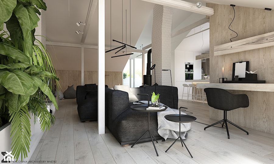 Poddasze - Duży biały salon z kuchnią z jadalnią z tarasem / balkonem, styl minimalistyczny - zdjęcie od ELEMENTY