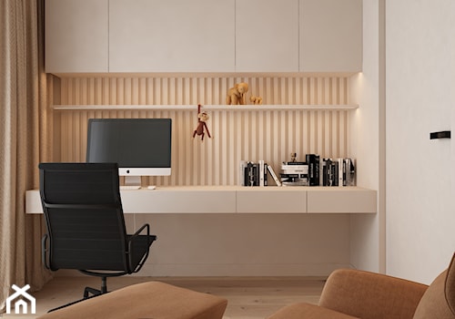 Mieszkanie w Krakowie 2 - Małe z zabudowanym biurkiem beżowe białe biuro, styl nowoczesny - zdjęcie od ELEMENTY