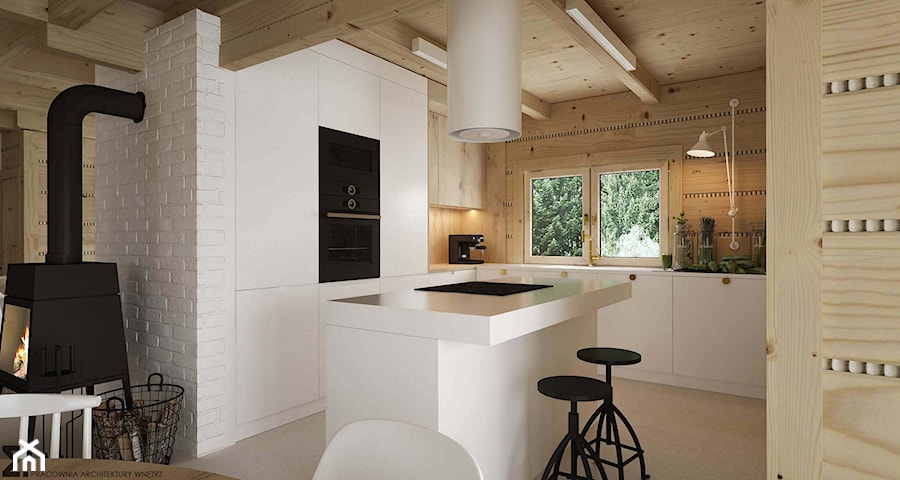 Dom drewniany - Średnia otwarta z salonem z zabudowaną lodówką kuchnia w kształcie litery l z wyspą lub półwyspem, styl minimalistyczny - zdjęcie od ELEMENTY