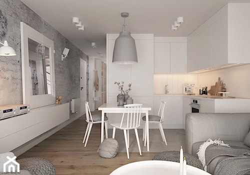 Mieszkanie 2-poziomowe Praska Park - Mały biały szary salon z kuchnią z jadalnią, styl skandynawski - zdjęcie od ELEMENTY