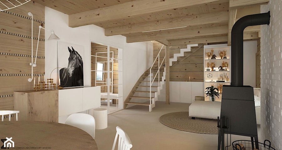 Dom drewniany - Duży beżowy salon z jadalnią, styl skandynawski - zdjęcie od ELEMENTY