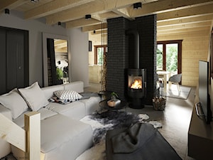 Drewno + szarość - Średni beżowy czarny szary salon, styl skandynawski - zdjęcie od ELEMENTY