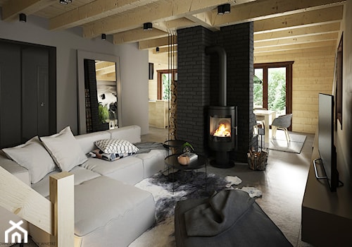 Drewno + szarość - Średni beżowy czarny szary salon, styl skandynawski - zdjęcie od ELEMENTY