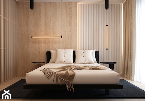 Mieszkanie w Krakowie 2 - Duża beżowa brązowa z panelami tapicerowanymi sypialnia, styl minimalistyczny - zdjęcie od ELEMENTY