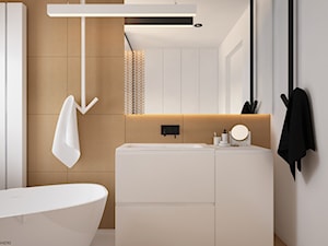 Skandynawski minimalizm w odcieniach nude - Mała z lustrem z punktowym oświetleniem łazienka z oknem, styl minimalistyczny - zdjęcie od ELEMENTY