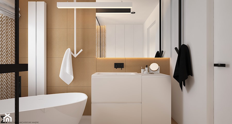 Skandynawski minimalizm w odcieniach nude - Mała z lustrem z punktowym oświetleniem łazienka z oknem, styl minimalistyczny - zdjęcie od ELEMENTY