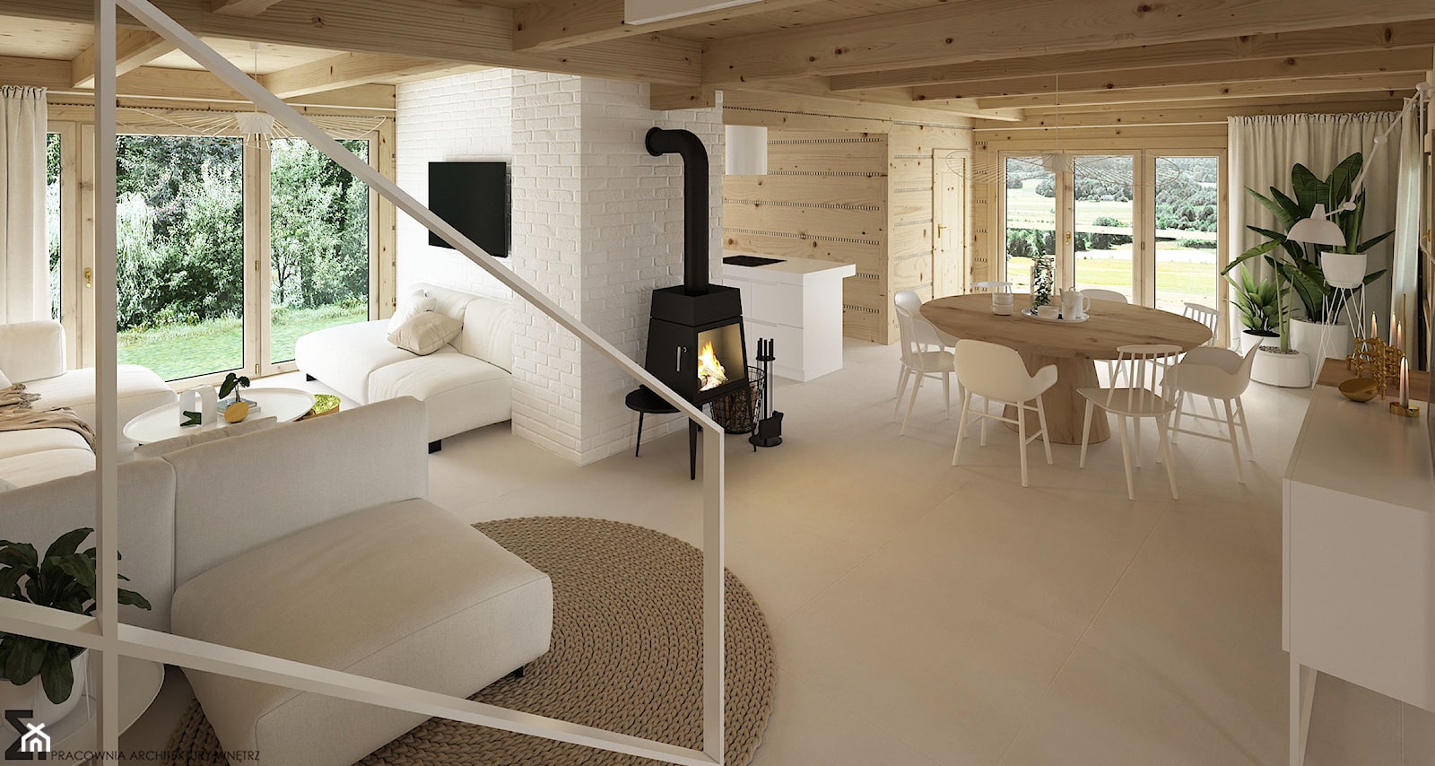 Dom drewniany - Duży biały salon z jadalnią, styl skandynawski - zdjęcie od ELEMENTY - Homebook