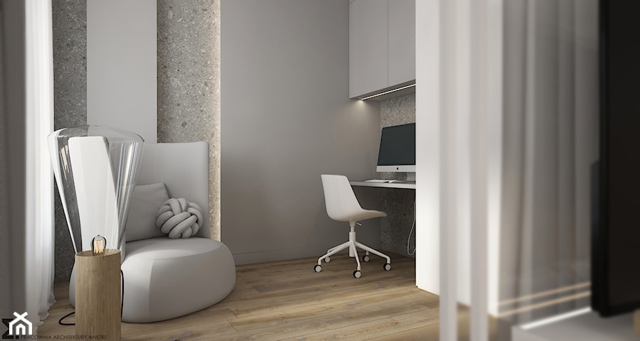 Mieszkanie w Krakowie - Średnie w osobnym pomieszczeniu z zabudowanym biurkiem szare biuro, styl minimalistyczny - zdjęcie od ELEMENTY