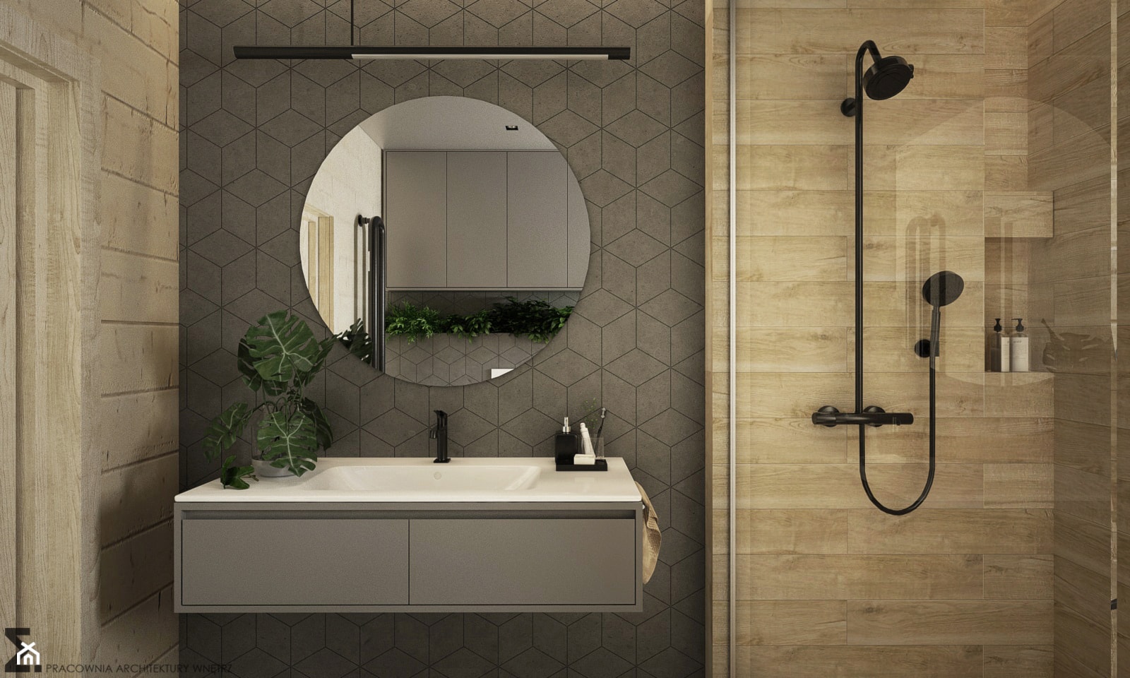 Drewno + szarość - Średnia na poddaszu łazienka, styl skandynawski - zdjęcie od ELEMENTY - Homebook