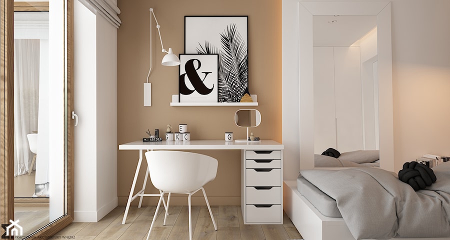 Skandynawski minimalizm w odcieniach nude - Mały biały brązowy pokój dziecka dla nastolatka dla chłopca dla dziewczynki, styl skandynawski - zdjęcie od ELEMENTY