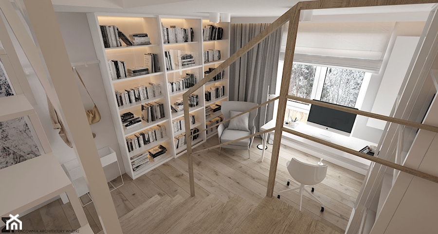 Mieszkanie 2-poziomowe Praska Park - Średnie w osobnym pomieszczeniu z zabudowanym biurkiem białe biuro, styl minimalistyczny - zdjęcie od ELEMENTY