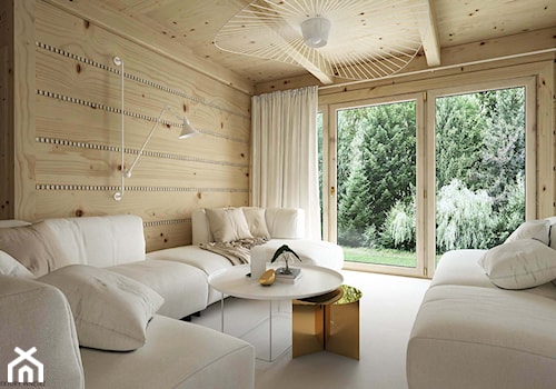 Dom drewniany - Średni biały salon z tarasem / balkonem, styl skandynawski - zdjęcie od ELEMENTY