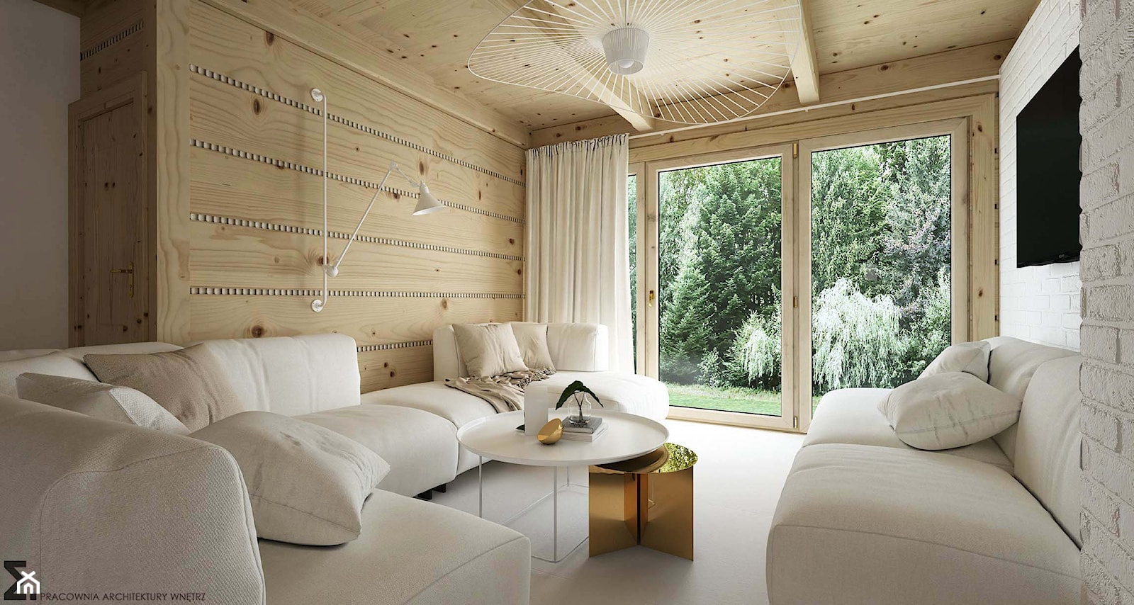 Dom drewniany - Średni biały salon z tarasem / balkonem, styl skandynawski - zdjęcie od ELEMENTY - Homebook