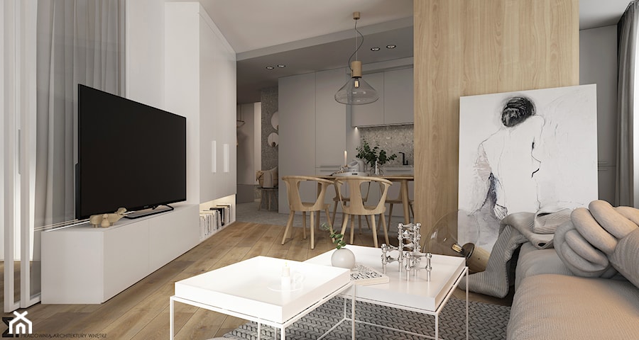 Mieszkanie w Krakowie - Średni biały szary salon z kuchnią z jadalnią, styl skandynawski - zdjęcie od ELEMENTY