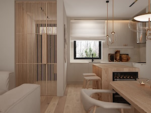 W klimacie boho - Średnia otwarta z salonem beżowa z zabudowaną lodówką kuchnia w kształcie litery u z wyspą lub półwyspem z oknem, styl minimalistyczny - zdjęcie od ELEMENTY