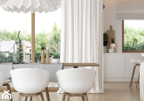 Skandynawski minimalizm w odcieniach nude - Średnia biała jadalnia w salonie w kuchni, styl skandynawski - zdjęcie od ELEMENTY